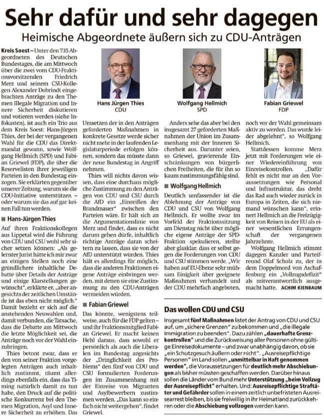 Soester Anzeiger: Heimische Abgeordnete zum CDU-Antrag